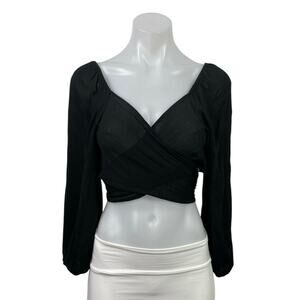 Audrey 3+1 Women's Black Long Puff Sleeve V Neck Tie Wrap Blouse Crop Top Size S